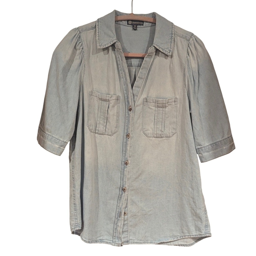 Democracy Light Wash Denim Chambray Puff Sleeve Button Down Shirt XS Classic